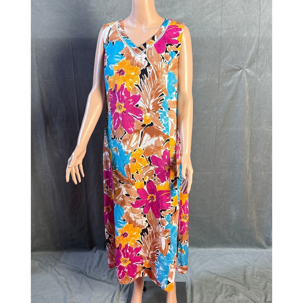 Vintage‎ 90s Choices Multi Floral Linen Tank Dress L Sleeveless Lagenlook Artsy